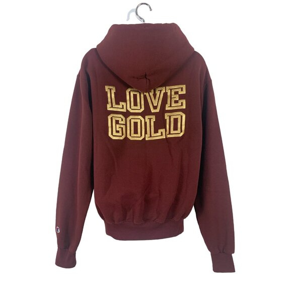Champion Maroon Full-Zip Drawstring Hoodie "Love Gold" Back Design Front Pockets - Picture 3 of 11